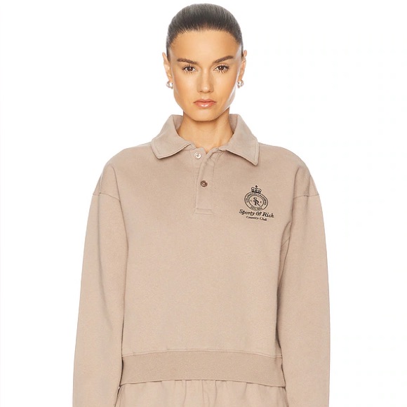 Sporty  Rich Crown Embroidered Polo Sweater In Sesame Beige Size Large